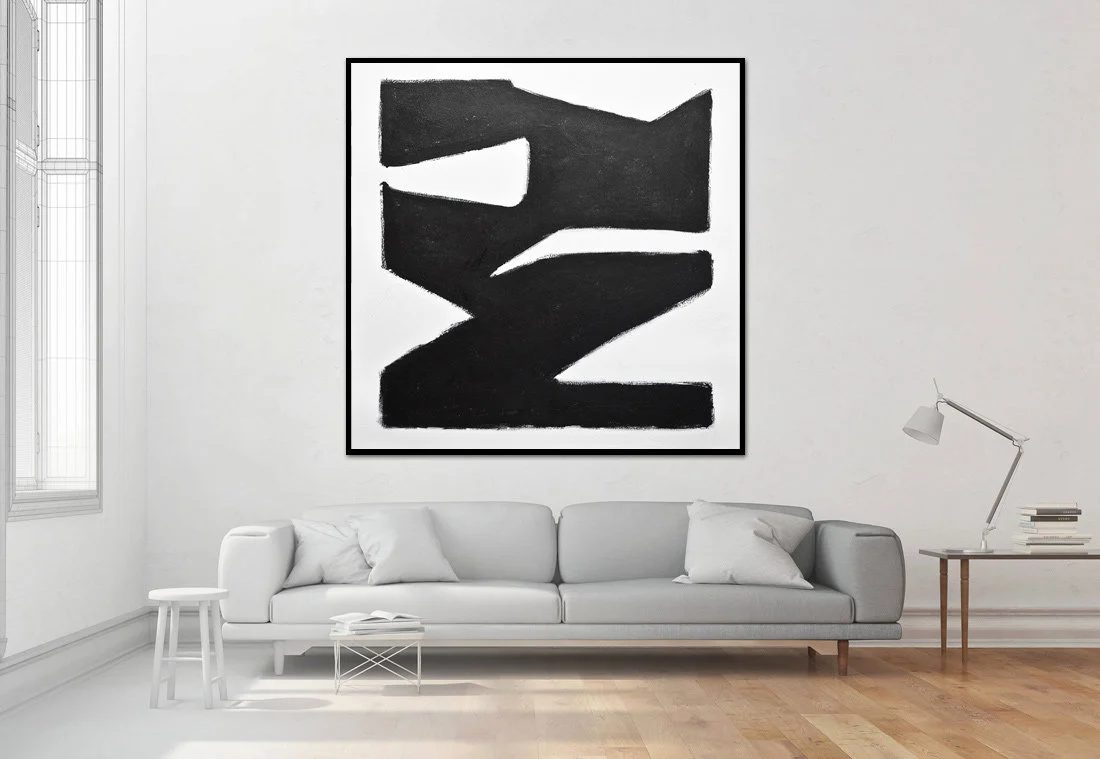 Black Hand-painted White Abstract Geometric Abstract Canvas Wall Art D6AQ1