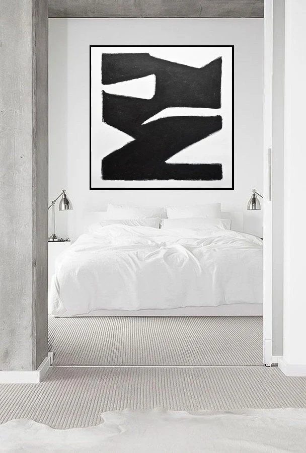 Black Hand-painted White Abstract Geometric Abstract Canvas Wall Art D6AQ1