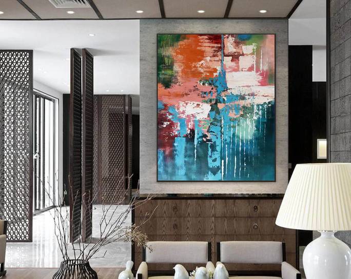 Modern Handmade Original Orange Huge Abstract Canvas Artwork KNE9R