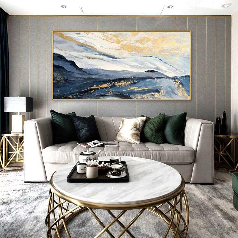 Gold Hand-painted Leaf Blue Mountain Abstract Canvas Wall Art JUNF9