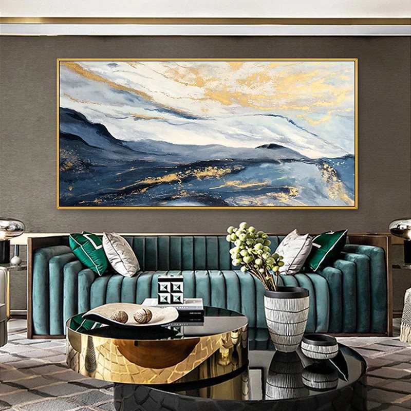 Gold Hand-painted Leaf Blue Mountain Abstract Canvas Wall Art JUNF9