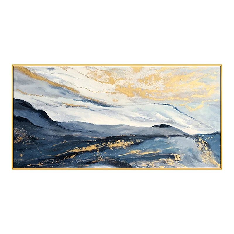 Gold Hand-painted Leaf Blue Mountain Abstract Canvas Wall Art JUNF9