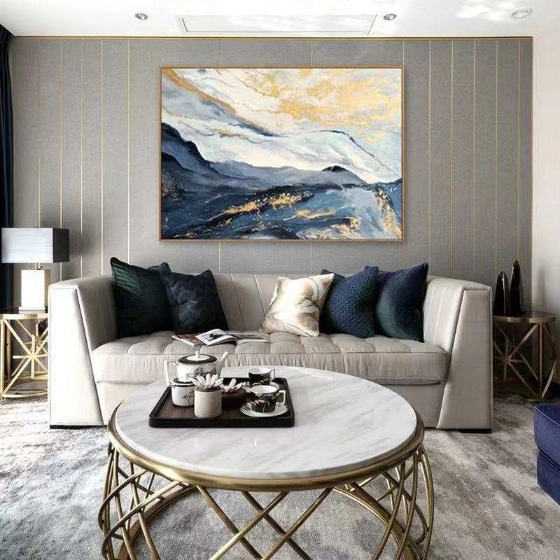 Gold Hand-painted Leaf Blue Mountain Abstract Canvas Wall Art JUNF9
