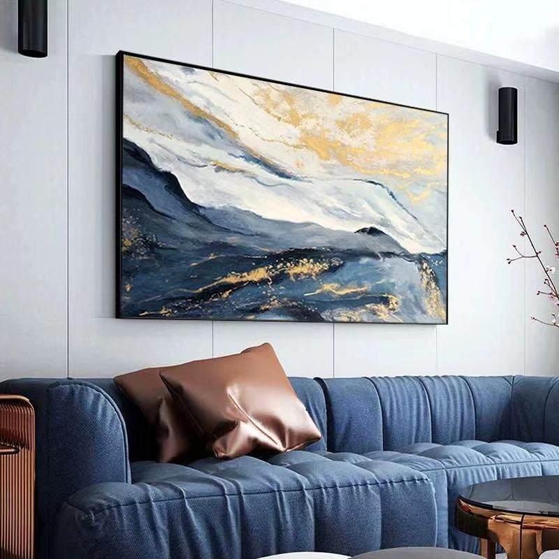 Gold Hand-painted Leaf Blue Mountain Abstract Canvas Wall Art JUNF9