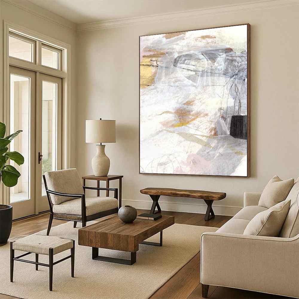 Soft Hand-painted Original Whites Desert Hazy Abstract Wall Art I77IC