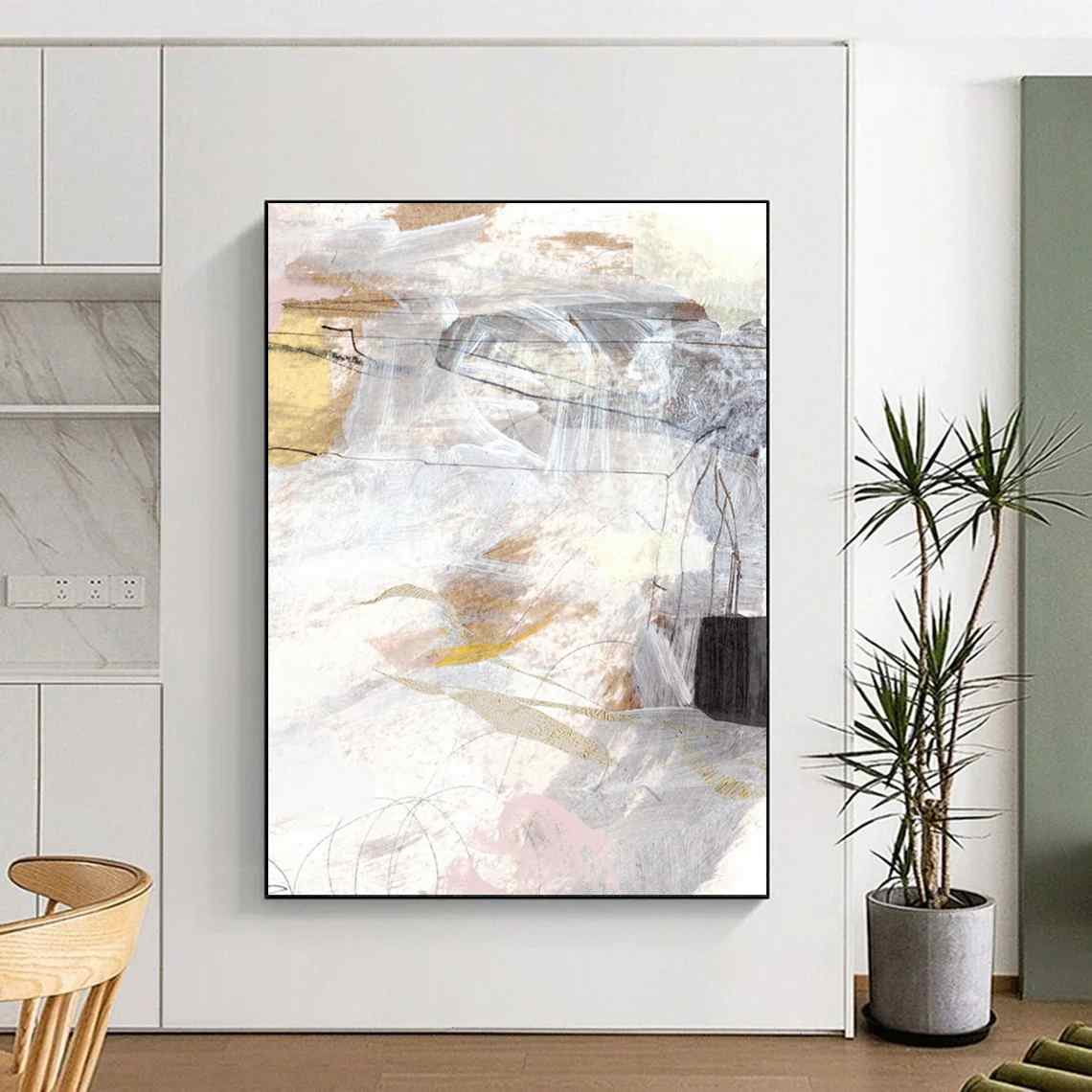 Soft Hand-Painted Whites - oversized boho wall art for living room