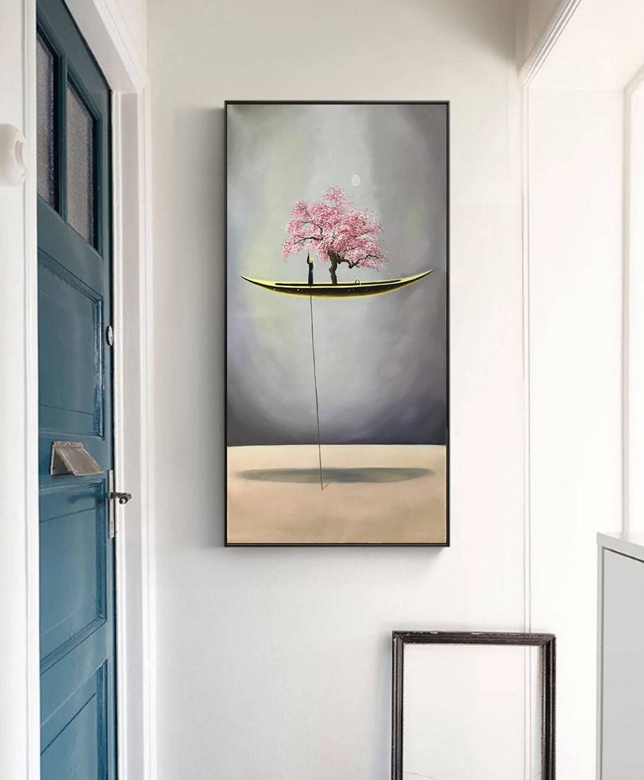 Painting Original Sailboat Tree Blossom Abstract Canvas Artwork NC9VR