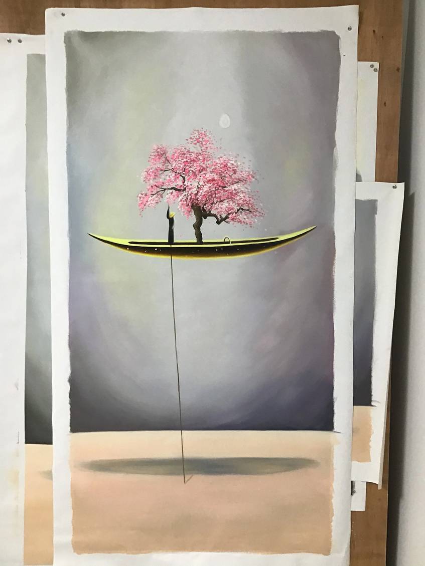 Painting Original Sailboat Tree Blossom Abstract Canvas Artwork NC9VR