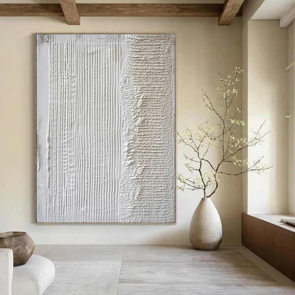 White Handmade Living Textured Abstract Canvas Wall Art W4A4V