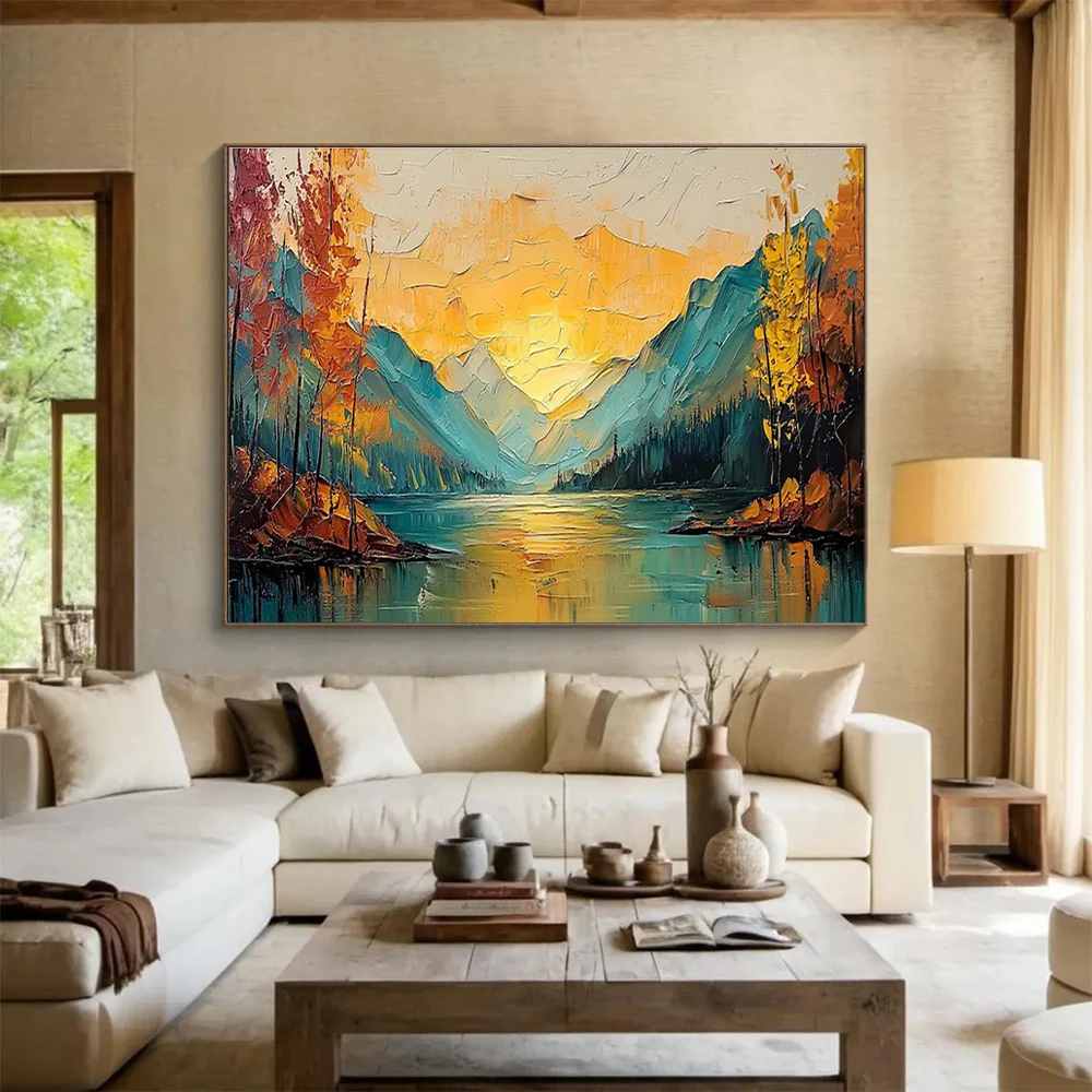 Textured Hand-painted Sellers Sunset Mountain Landscape Canvas Large Wall Art 9MI1W
