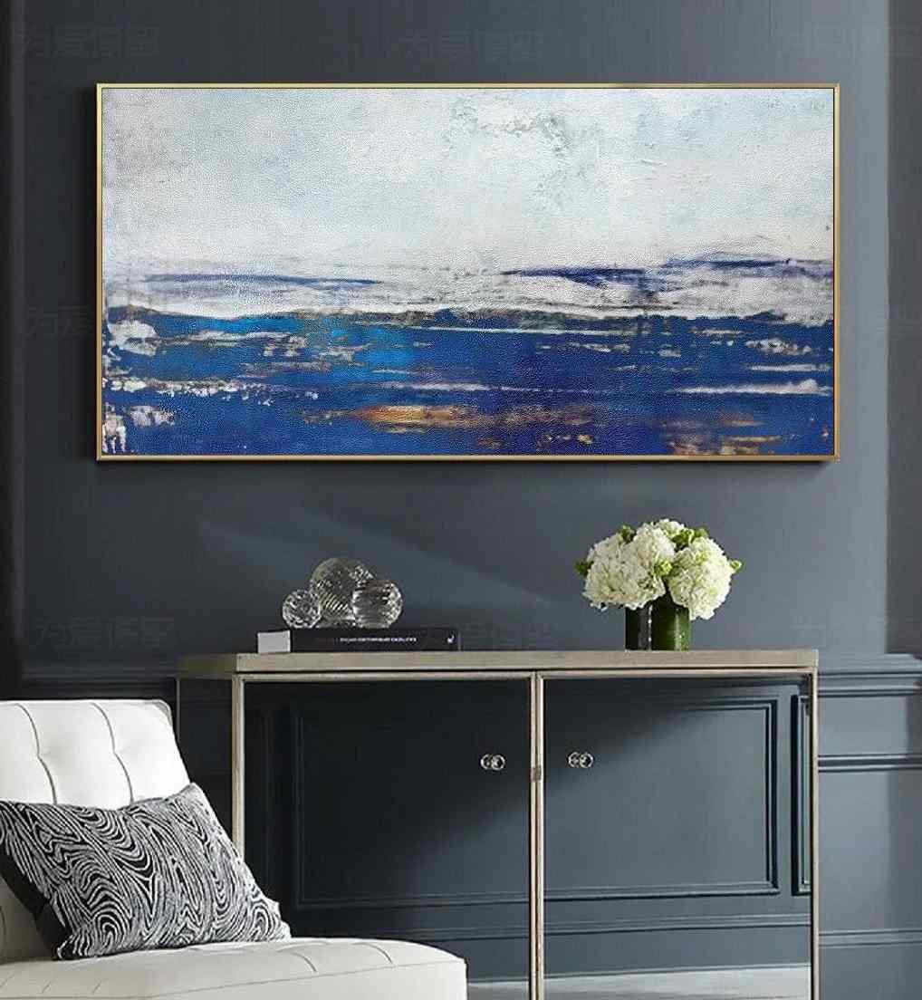 Office Handmade Navy Living Minimal Abstract Canvas Wall Art HD8J3