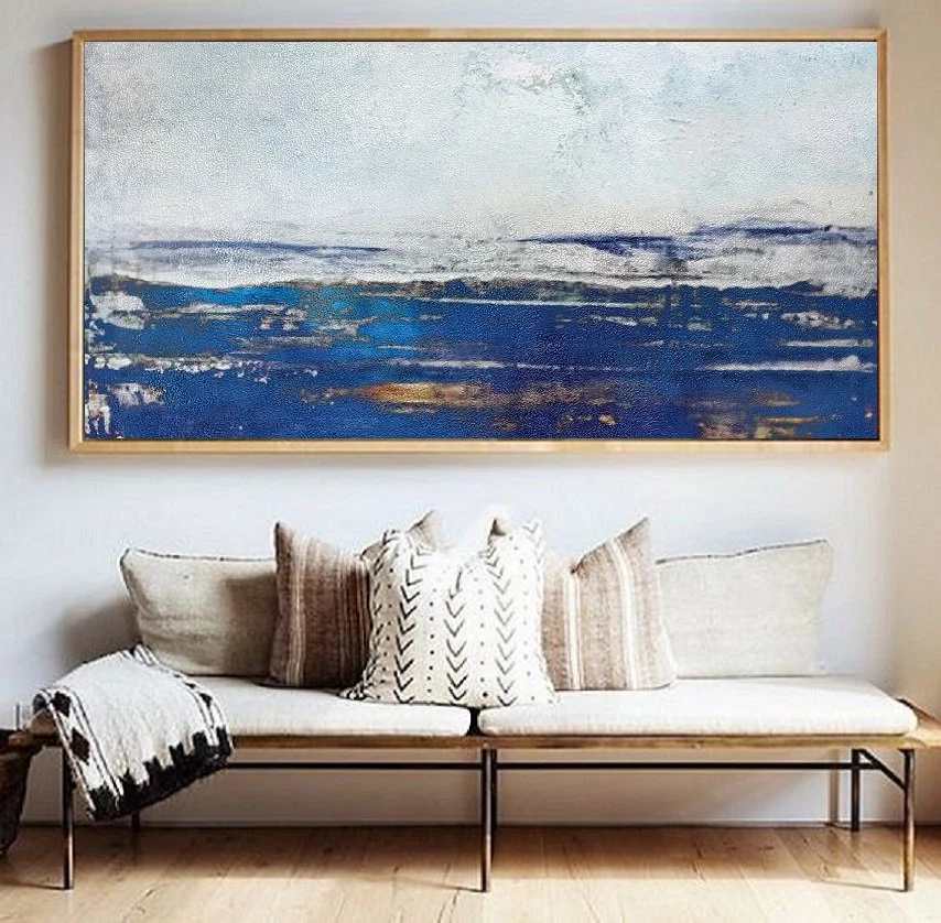 Office Handmade Navy Living Minimal Abstract Canvas Wall Art HD8J3