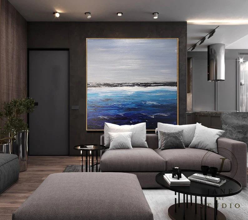 Coastal Hand-painted Blue Abstract Canvas Artwork ZFDO7