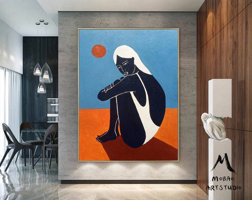 Orange Handmade Original People Modern White Abstract Canvas Artwork 5DKFC