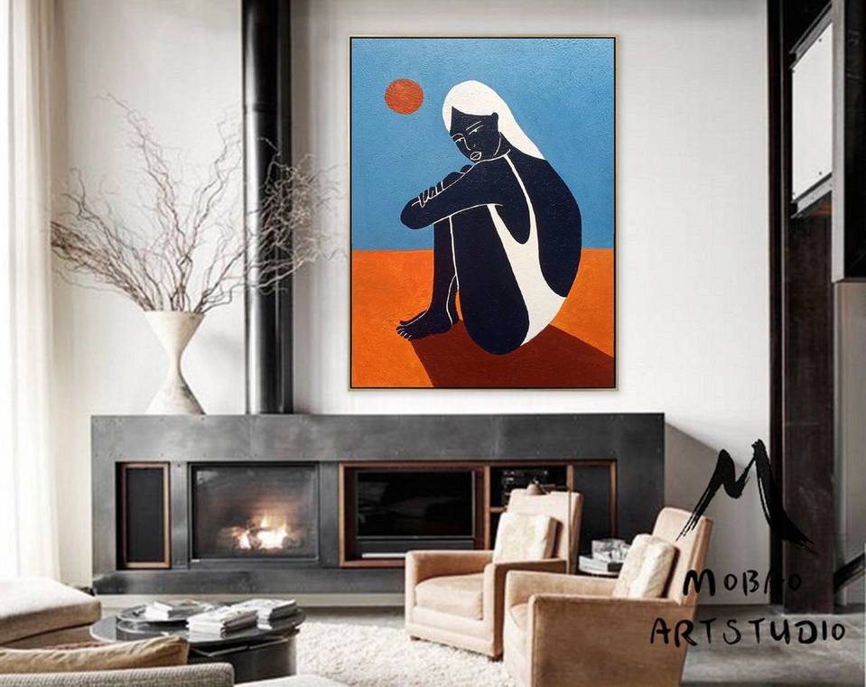 Orange Handmade Original People Modern White Abstract Canvas Artwork 5DKFC