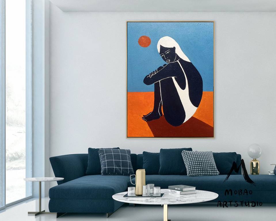 Orange Handmade Original People Modern White Abstract Canvas Artwork 5DKFC