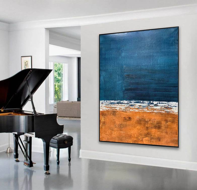 Blue Hand-painted Original Textured Deep Orange Abstract Canvas Wall Art H52O7