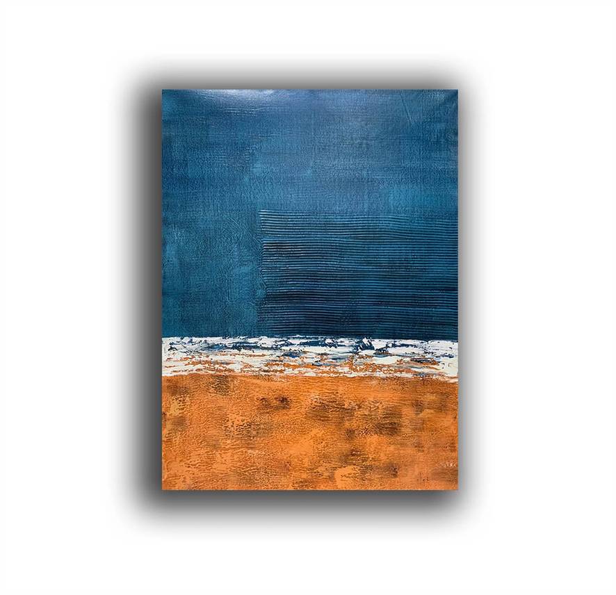 Blue Hand-painted Original Textured Deep Orange Abstract Canvas Wall Art H52O7