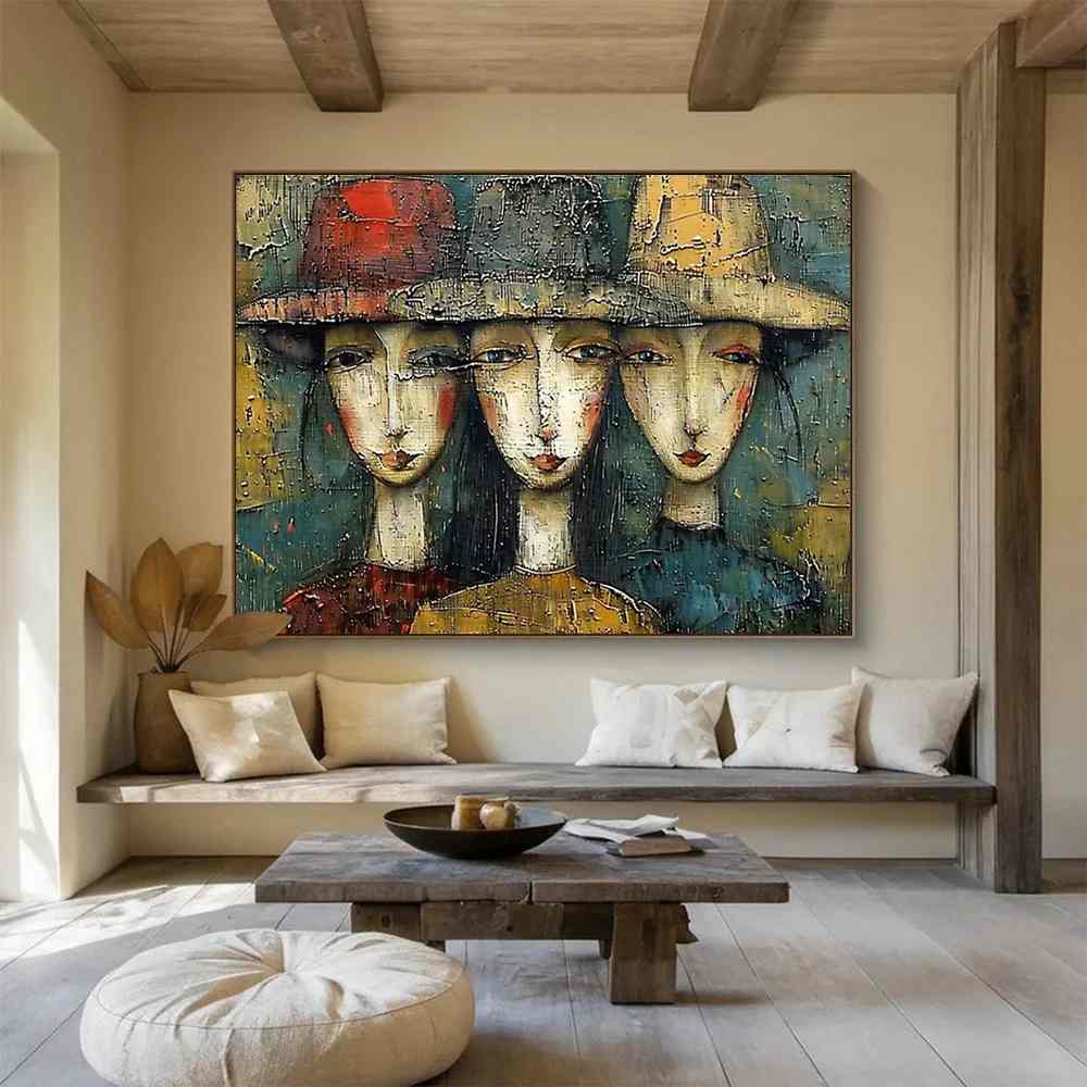 Textured Hand-Painted Portrait muted tone canvas for modern interior