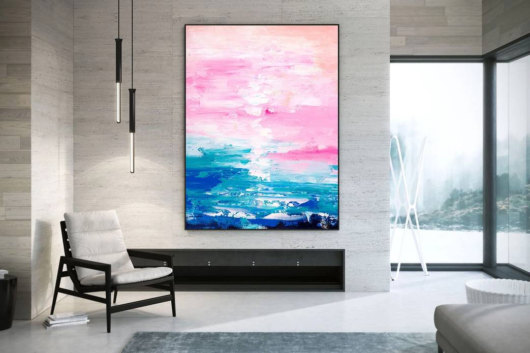 Pink Blue Hallway original hand-painted artwork for hotel