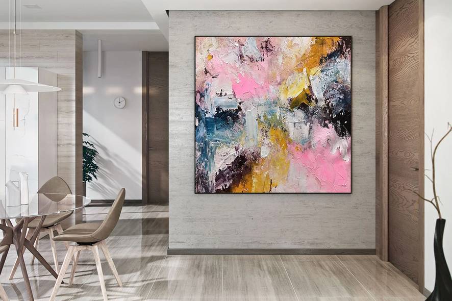 Yellow Hand-Painted Texture beige oversized wall art for minimalist home