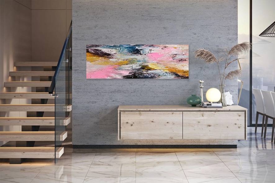 Yellow Hand-Painted Texture large textured art for fireplace