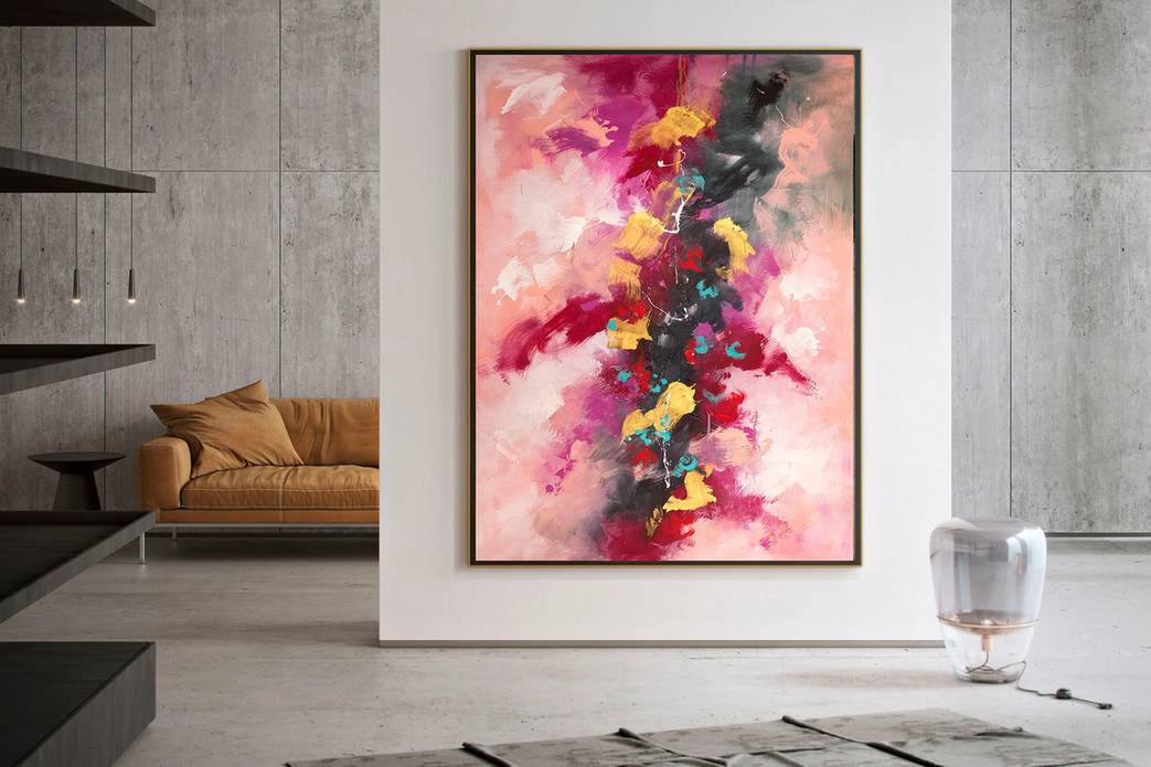 Pink Handmade White Office Abstract Canvas Wall Art VEUU9