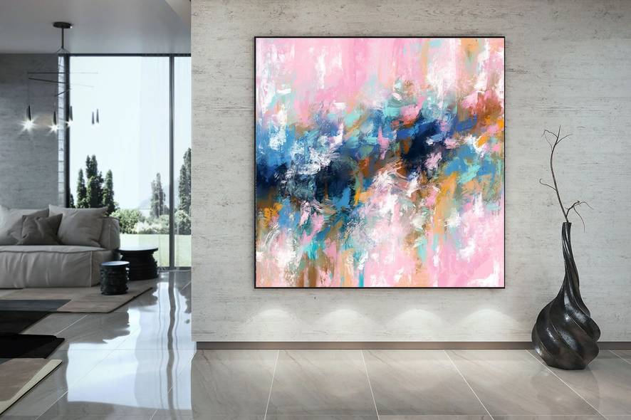 Pink Handmade Dining Room Blue Abstract Canvas Artwork 9HVL1
